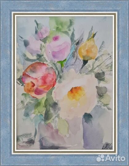 Картина с букетом цветов, акварель