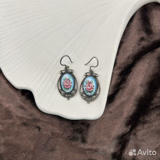 Советские винтажные мельхиоровые серьги, финифть
