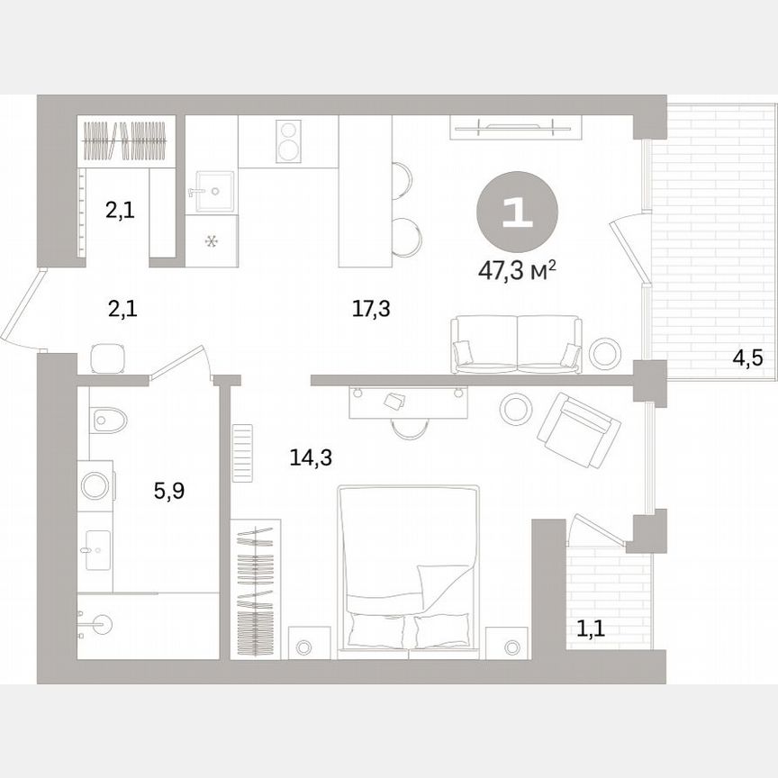 1-к. квартира, 47,3 м², 3/16 эт.
