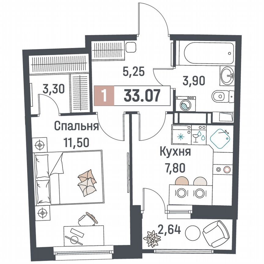 1-к. квартира, 33,1 м², 15/18 эт.
