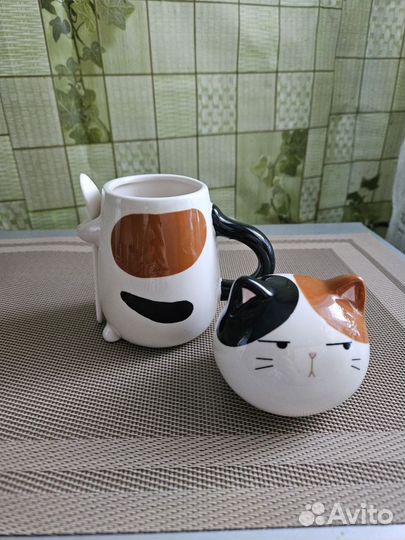 Кружка керамическая с ложкой неко кошка/кот