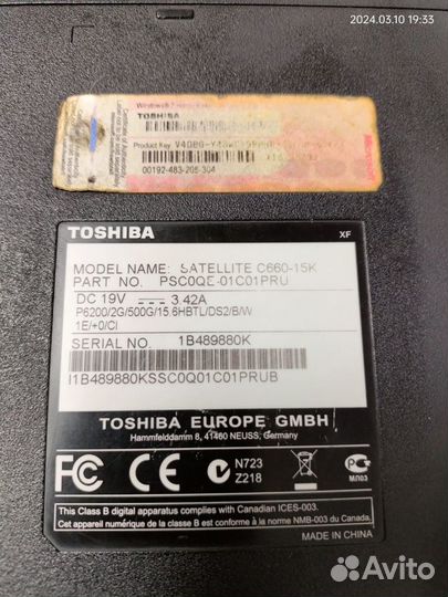 Ноутбук Toshiba satellite C660-15K