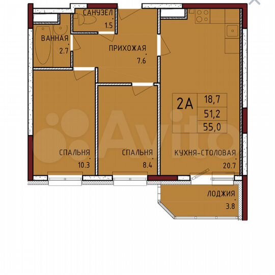 2-к. квартира, 55,2 м², 12/17 эт.