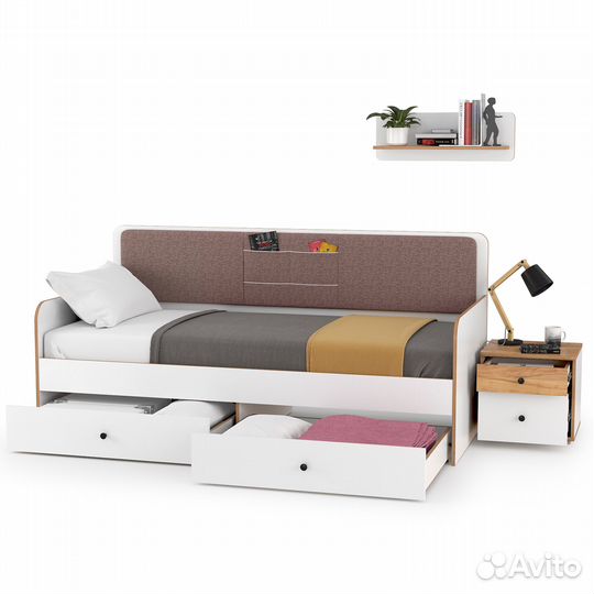 Молодёжная кровать с ящиками Вуди с тумбочкой и полкой, цвет белый премиум/дуб крафт золотой/саванна