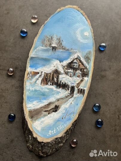 Картина маслом на спиле дерева Зима Деревня 28х12
