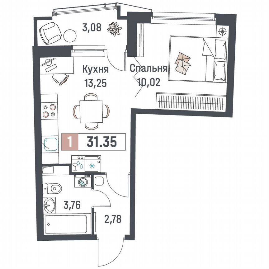 1-к. квартира, 31,4 м², 2/18 эт.
