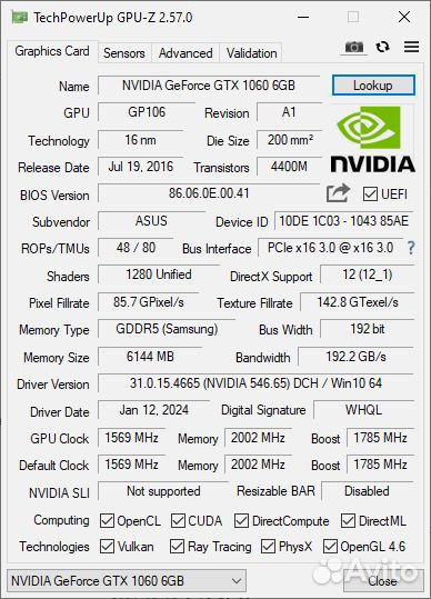 Asus GeForce GTX 1060 6gb