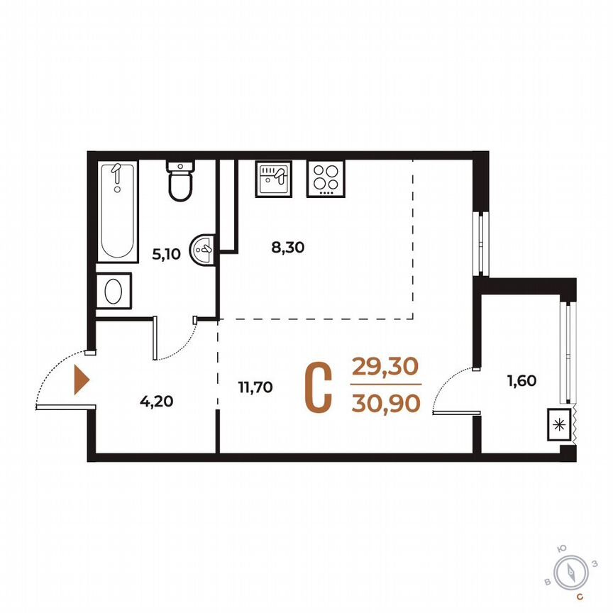 Квартира-студия, 30,9 м², 7/8 эт.