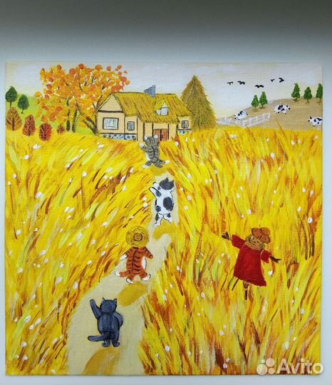 Картина пейзаж с котами холст 20*20 см