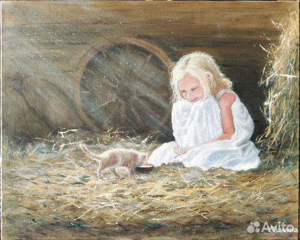 Картина "Девочка с котёнком", х/масло, 40х50