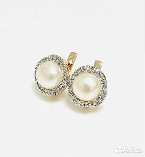 Золотые серьги с фианитами и жемчугом
