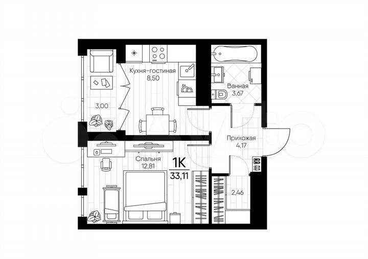 1-к. квартира, 33,1 м², 5/18 эт.