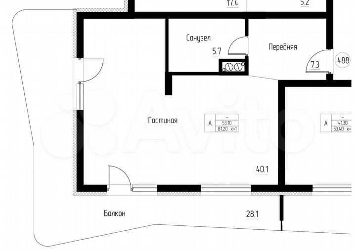 1-к. апартаменты, 81,2 м², 4/5 эт.