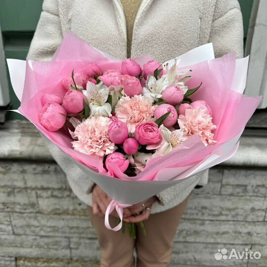 Букет Пион Роза, Альстромерия, Диантус с доставкой