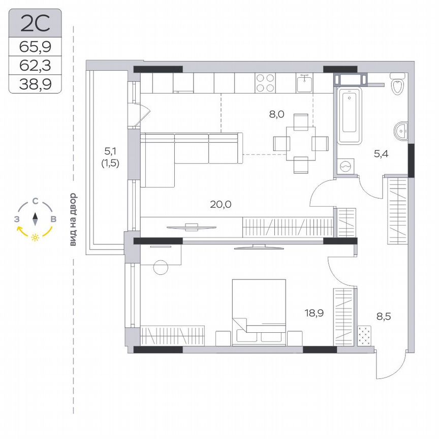 2-к. квартира, 62,3 м², 4/9 эт.