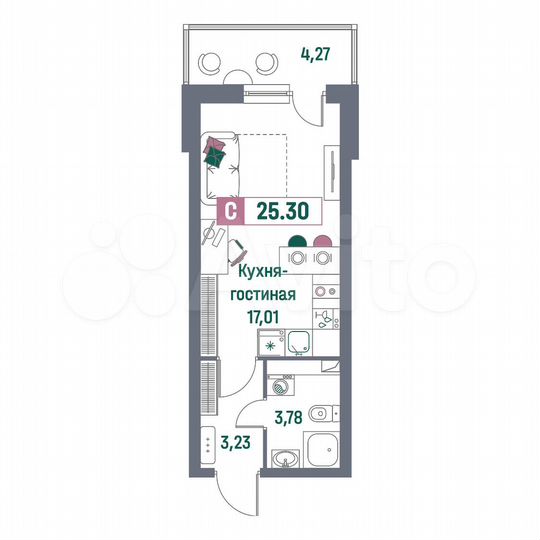 Квартира-студия, 25,3 м², 2/16 эт.