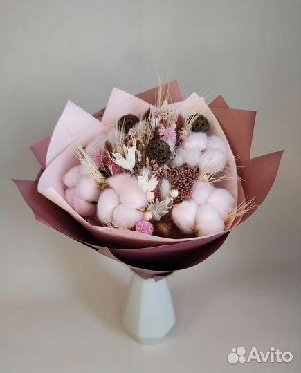 Букет из сухоцветов с хлопком. Подарок. Декор