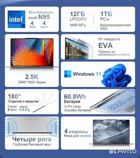 Ноутбук dere M16, Intel N95, 12гб, SSD 1тб