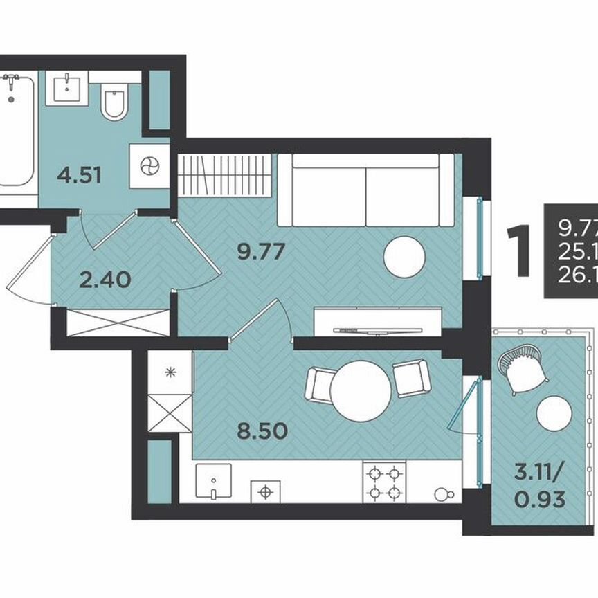 1-к. квартира, 26,1 м², 3/4 эт.