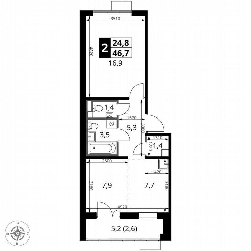 2-к. квартира, 46,7 м², 2/12 эт.