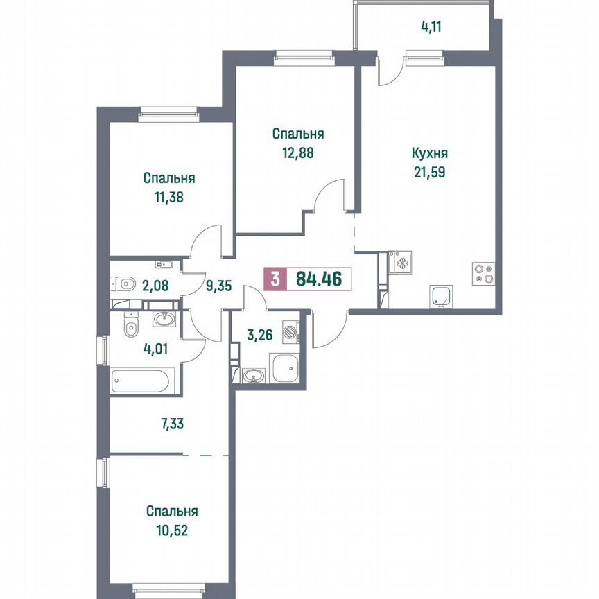 3-к. квартира, 84,5 м², 10/16 эт.