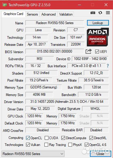 Видеокарта AMD Rx 550 4gb pci-e x16