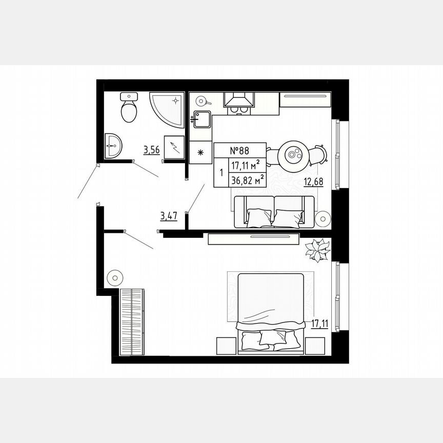 1-к. квартира, 36,8 м², 1/4 эт.