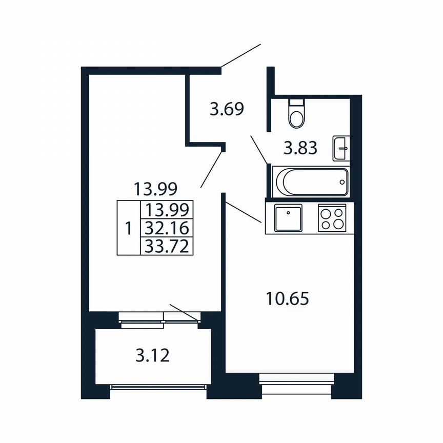1-к. квартира, 35,3 м², 3/12 эт.
