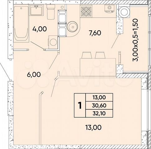 1-к. квартира, 32,1 м², 6/9 эт.