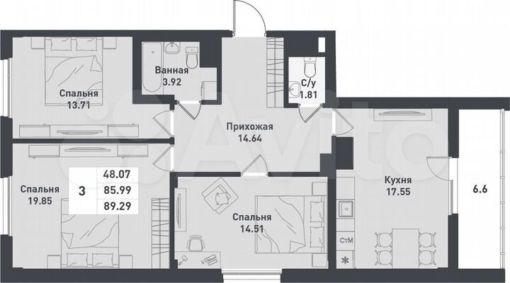 3-к. квартира, 88,3 м², 6/12 эт.