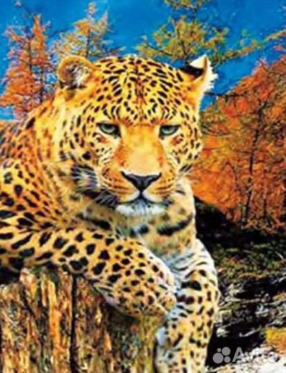 Алмазная мозаика 30x40 Леопард на фоне осеннего ле