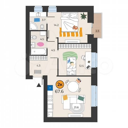 2-к. квартира, 67,6 м², 4/7 эт.