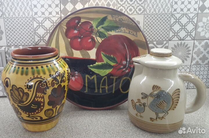 Обливная керамика.Крупные предметы.Роспись.Винтаж