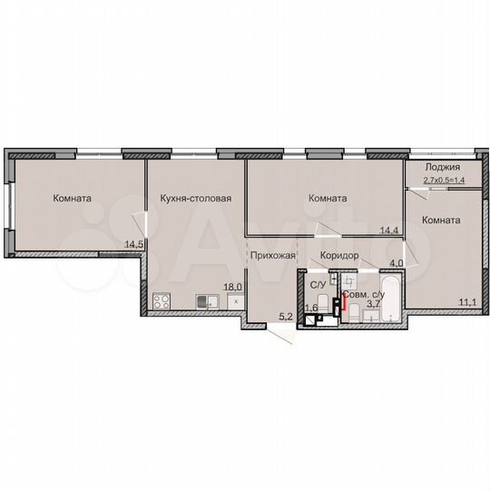 3-к. квартира, 72,4 м², 11/18 эт.