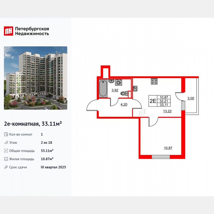 1-к. квартира, 33,1 м², 2/18 эт.