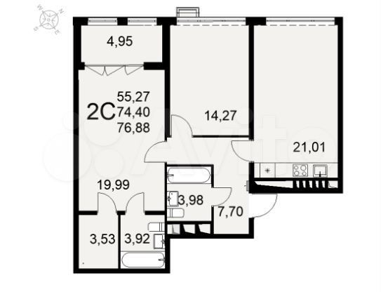 2-к. квартира, 77 м², 9/16 эт.