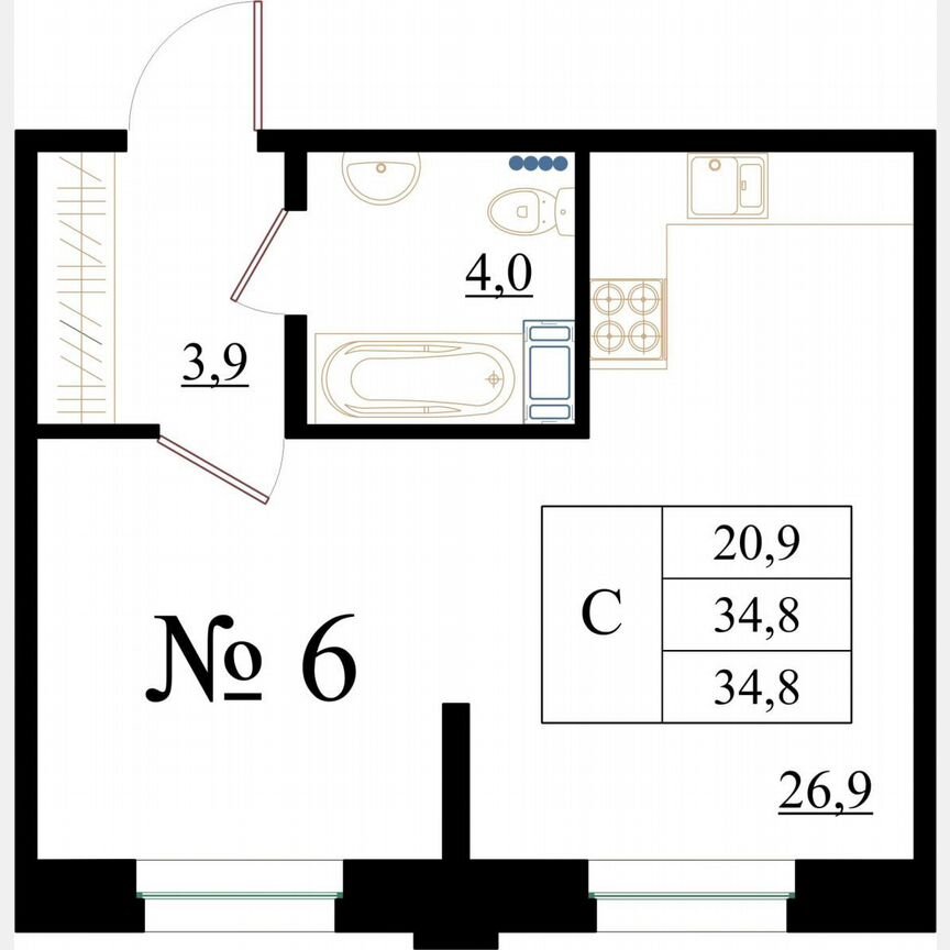 Квартира-студия, 34,8 м², 1/8 эт.