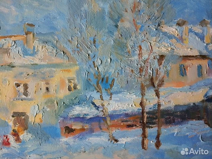 Картина маслом городской пейзаж, зимний дворик
