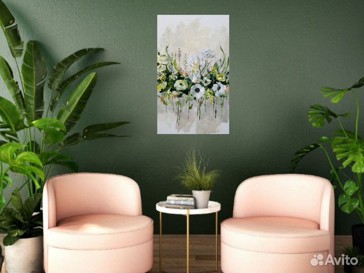 Картина маслом с белыми цветами на холсте нежная