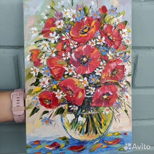 Картина маки маслом ромашки цветы на холсте