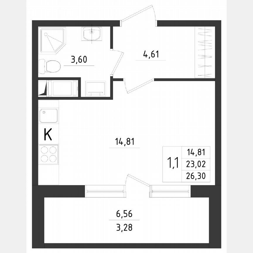 Квартира-студия, 26,3 м², 7/8 эт.