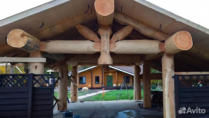 Навес для трех машин из бревна 7,5 на 8,5 метров