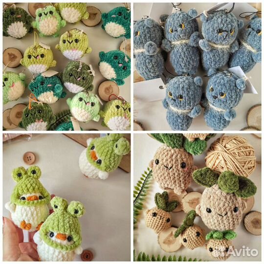 Вязаные игрушки лягушки гусь утёнок кот паук дино