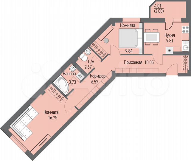 2-к. квартира, 60,2 м², 5/16 эт.