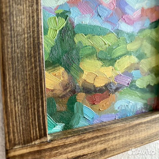 Горный пейзаж картина маслом миниатюра 13х13