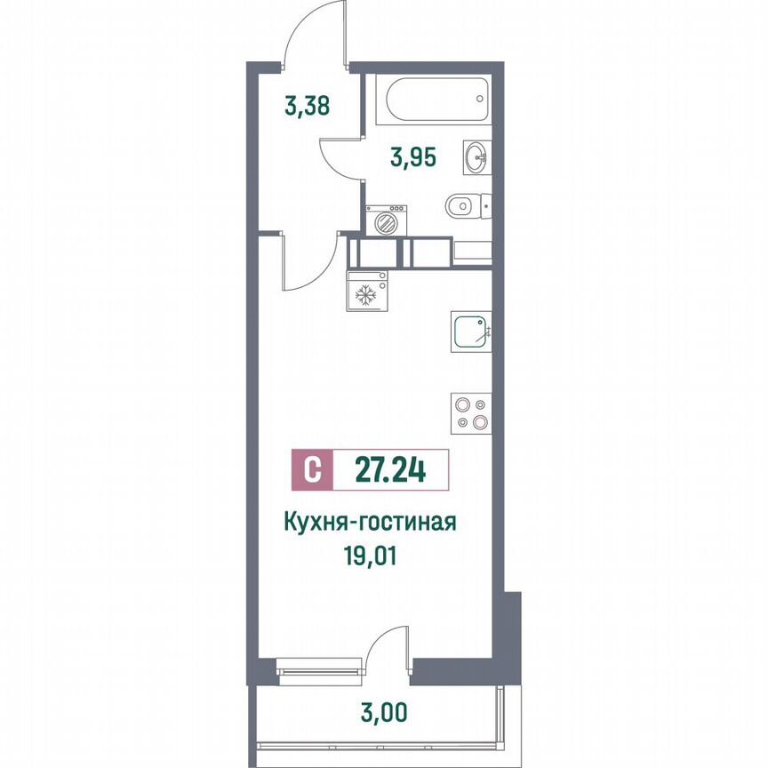 Квартира-студия, 27,2 м², 13/16 эт.