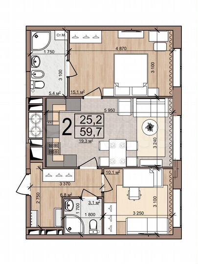 2-к. квартира, 59,7 м², 14/25 эт.