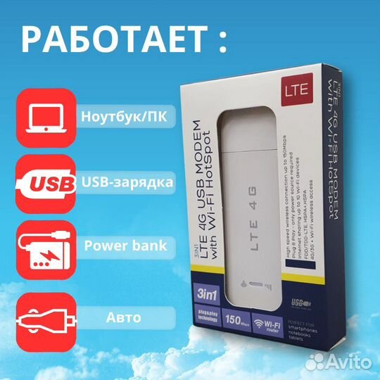 Беспроводной модем 4G LTE USB с раздачей WI-FI, по