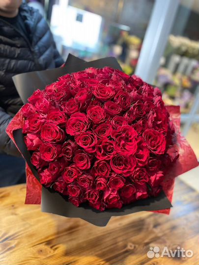101 роза красная премиум, бесплатная доставка