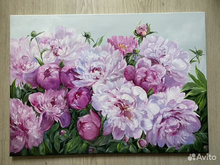 Картина маслом. Куст пионов